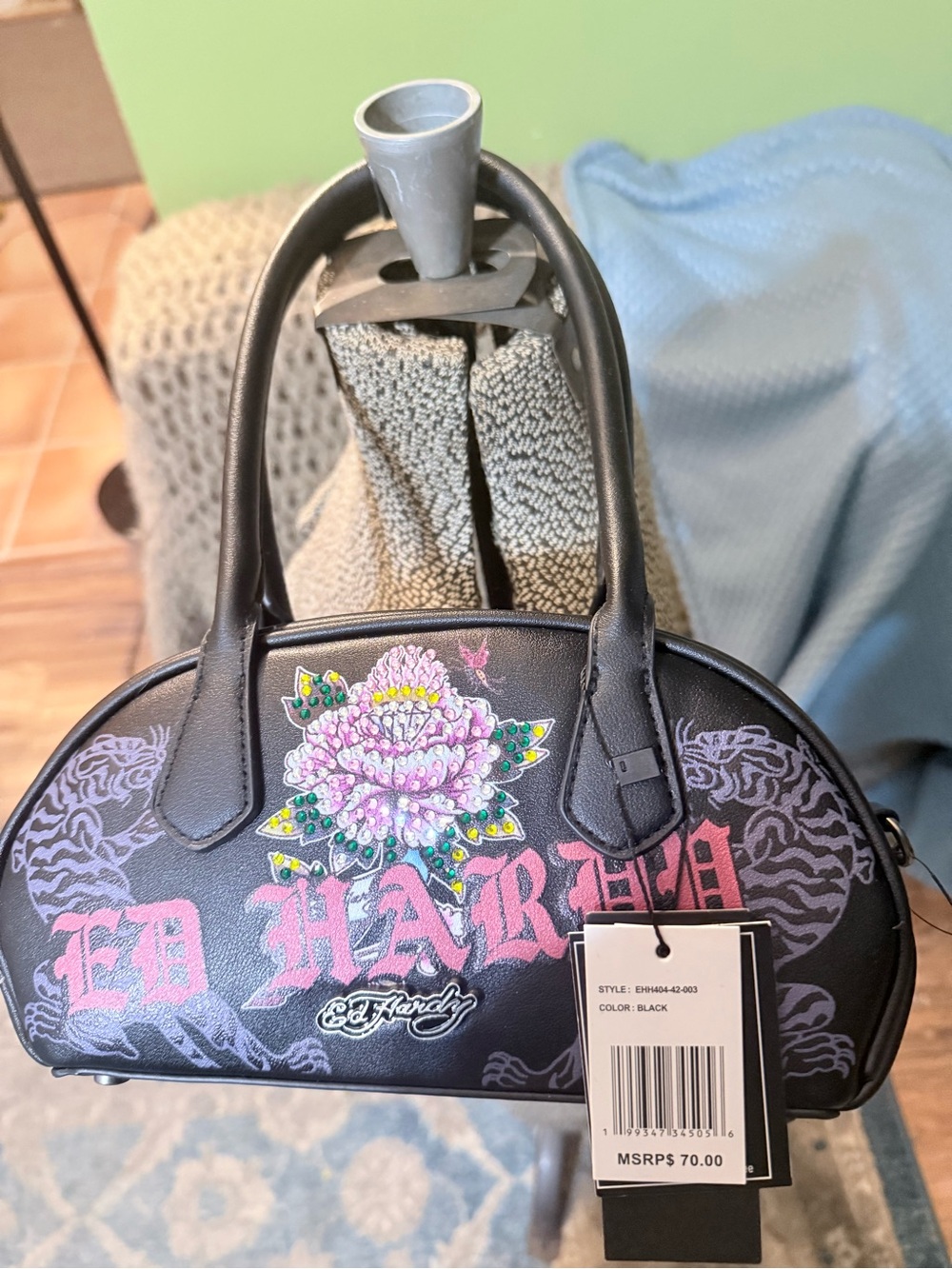 NWT - Ed Hardy Black Mini Dome Bag with Pink Floral Motif